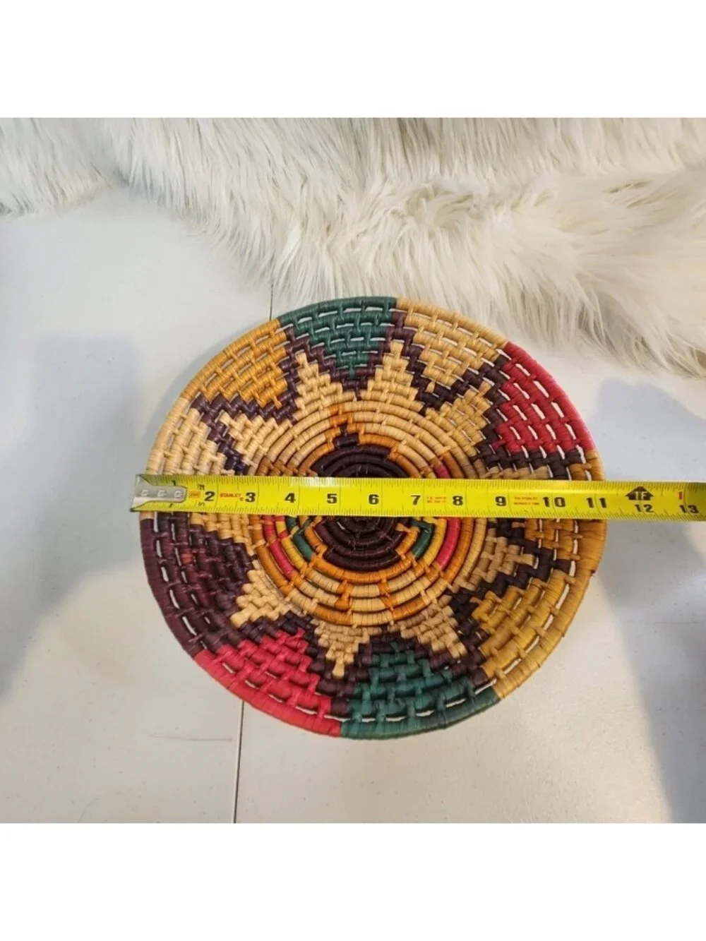 Vintage Indigenous Woven Basket Bowl Boho Home Decor Star Sun Colourful Round